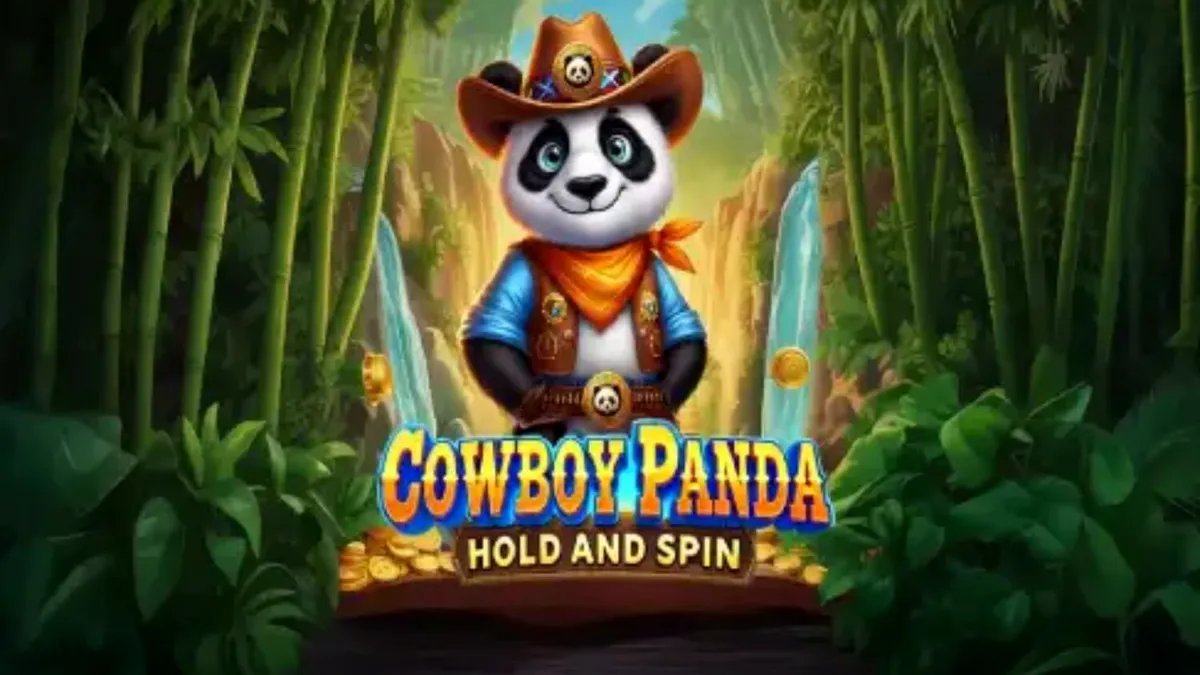 Panda koboi yang lucu dengan latar belakang hutan dan kuil dalam slot Cowboy Panda Hold & Spin